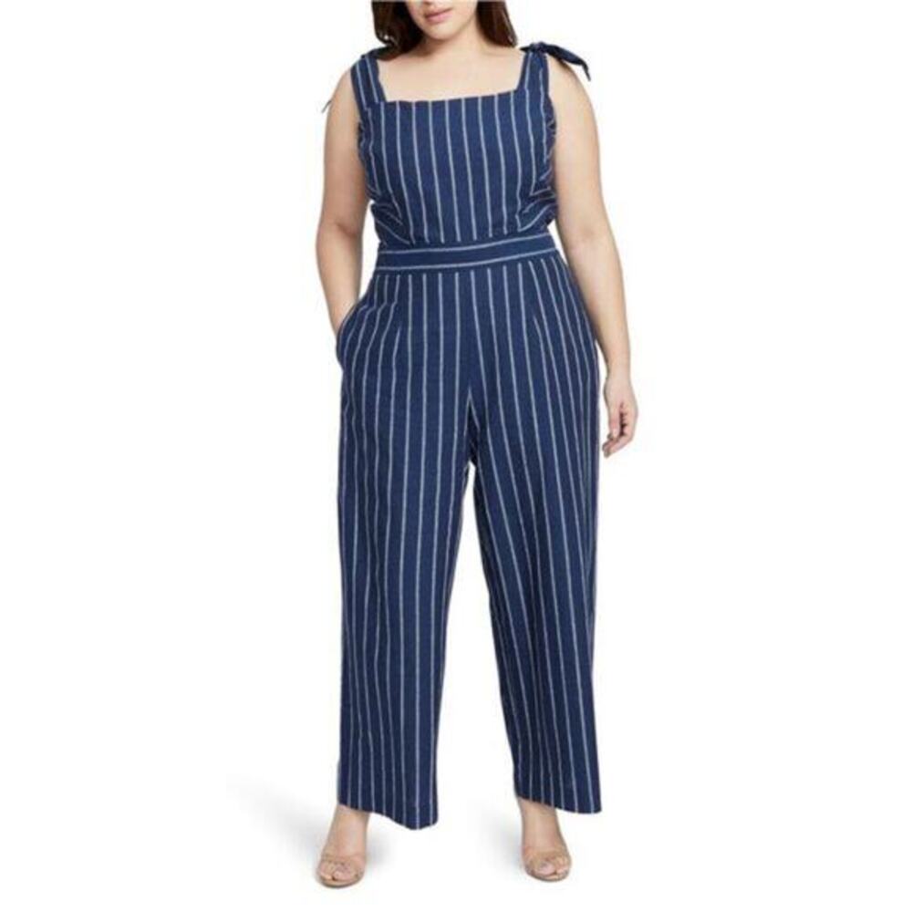 Rachel Roy‎ Womens Kate Jumpsuit Plus Size 20W Blue Striped Linen Blend Wide Leg